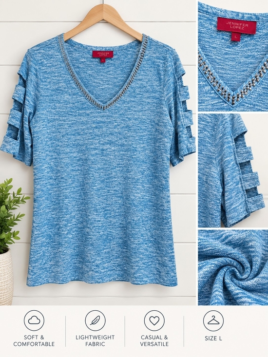 Jennifer Lopez Tops - Jennifer Lopez Heathered Sky Blue V-Neck Short Sleeve Top with Ladder Sleeves